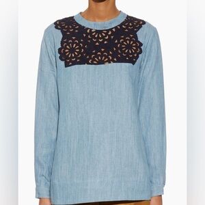 Sea new york Lace-trimmed denim chambray blouse